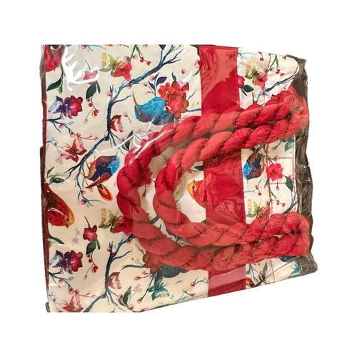 New in Package Naraya Quilted Purse Red Rope, Flowers and Birds with Blue Accent