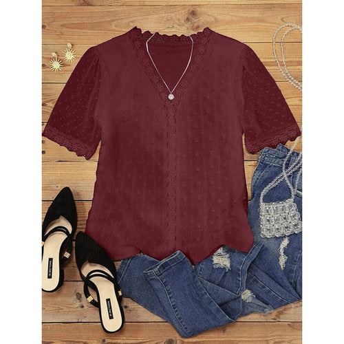 Medium Loose V-Neck Tunic Top in Dark Red with Lace Edges and Daisy Button Pattern