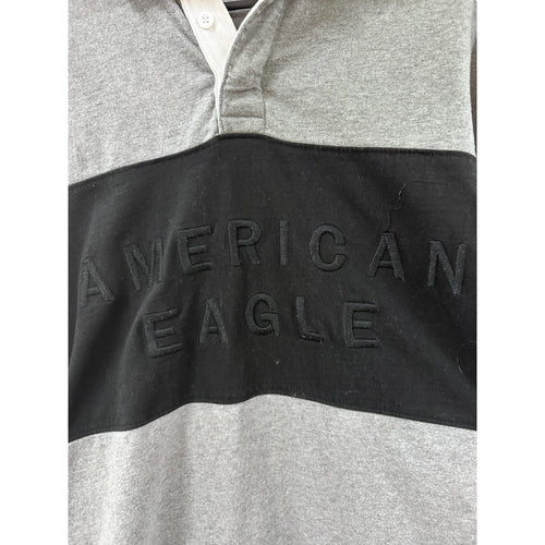 American Eagle Gray and Black Block Stripe Long Sleeve Logo Polo sz M