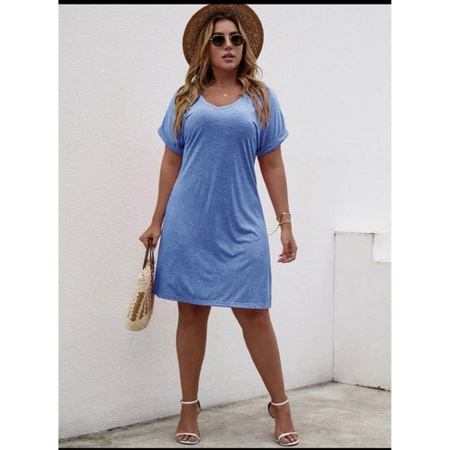 Blue Marbled T-Shirt Dress with V-Neck and Rolled Up Sleeve sz 14