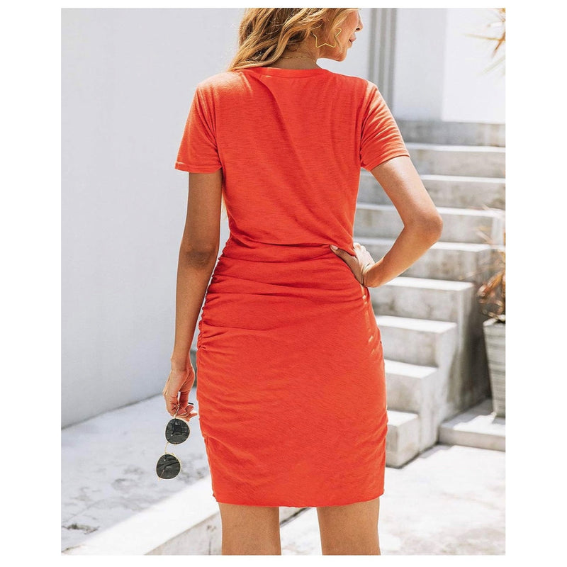 Women's Orange Red Short Sleeve Body Con Dress with Ruching and Buttons Medium