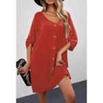 Red Button-Down Medium V-Neck Dress with 3/4 Length Sleeves New without Tags