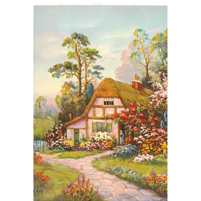 Vintage Calendar Print Cottage Surrounded by Flowers