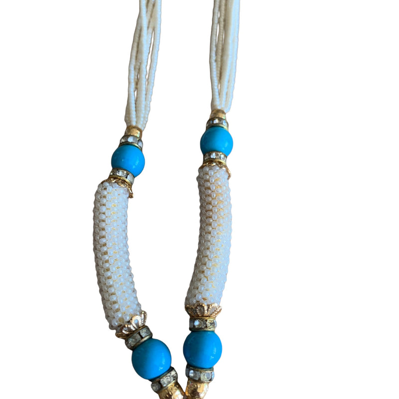 Vintage Turquoise with Gold Accent Beads with Multi White Strand Beads Necklace