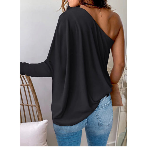 New Small Women's Sexy One Shoulder Tops Long Sleeve Casual Loose Blouse Shirt Black