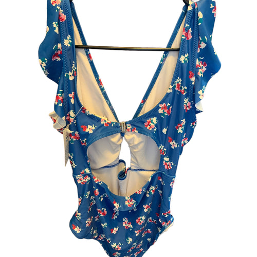 New Blue Floral One-Piece Bathing Suit with Ruffles, Plunging Neckling and Open Back XL