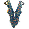 New Blue Floral One-Piece Bathing Suit with Ruffles, Plunging Neckling and Open Back XL