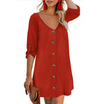 Red Button-Down Medium V-Neck Dress with 3/4 Length Sleeves New without Tags