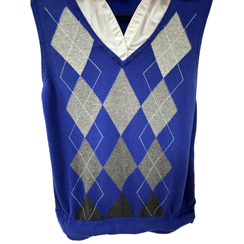 East 5th Gray Diamond Pattern on Cobalt Blue Sweater Collared Shirt sz M