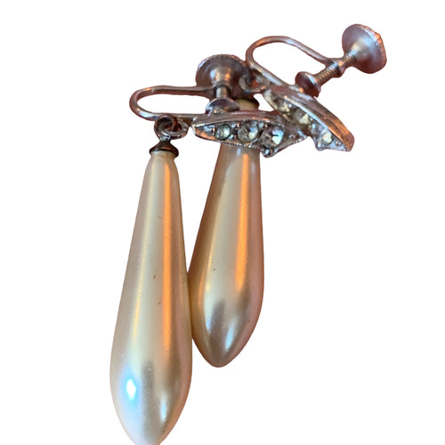 Vintage Screw Post Pearl Drop Earrings with Rhinestone Tops