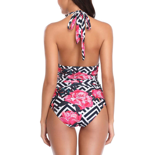 New Women's One Pierce Tummy Control Halter Top Bathing Suit Pink Floral with Black and White Geometric Design