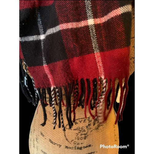 Plaid Fringed End Scarf in Red and Black Tartan Style Soft