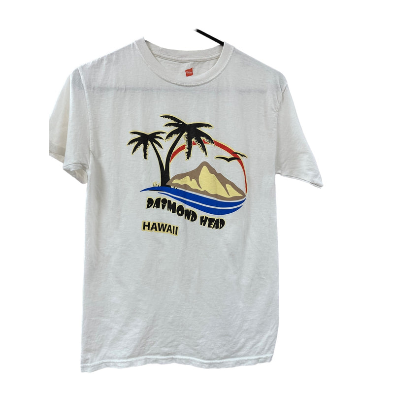 White Diamon Head Hawaii T-Shirt Palm Trees and Volcano sz Small