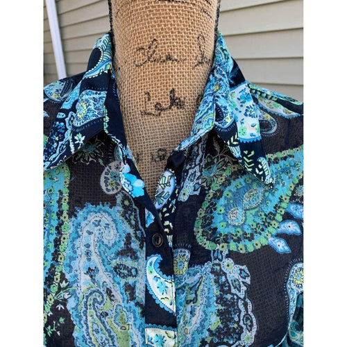 Sheer Black and Blue Paisley Button Up Blouse Juniors 11/13