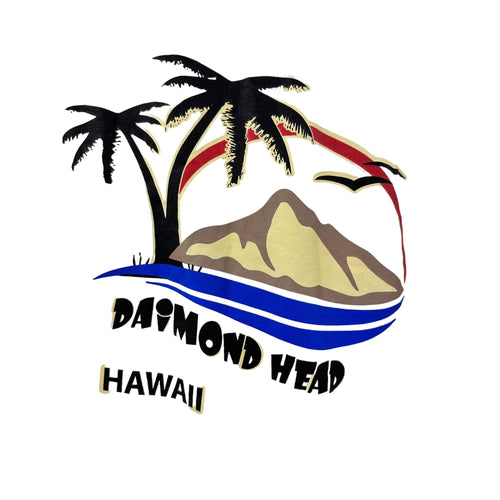 White Diamon Head Hawaii T-Shirt Palm Trees and Volcano sz Small
