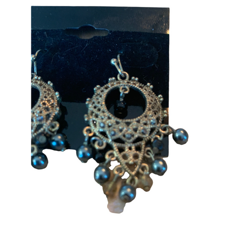 Vintage Bronze with Black Opalescent Beads Chandelier Earrings